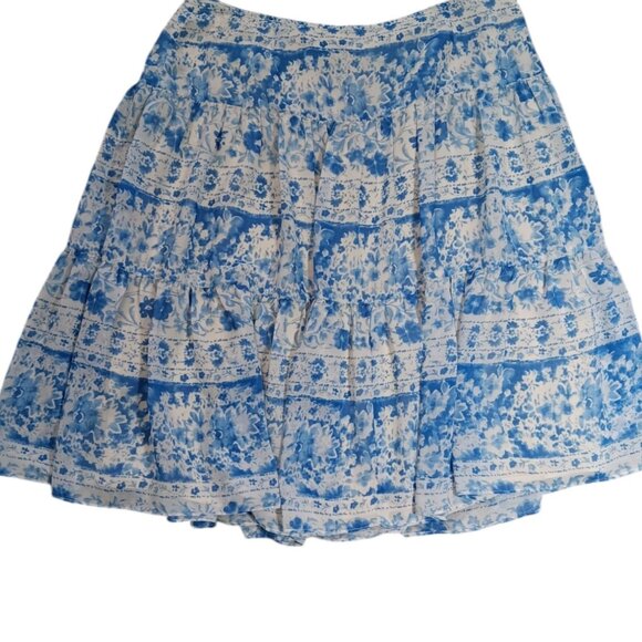 Chaps brand size 8 blue flirty lined ruffled watercolor flower design skirt - Picture 2 of 5